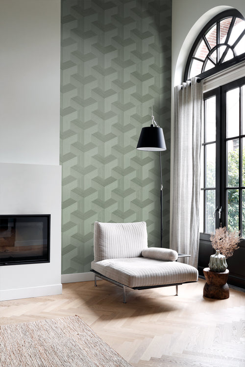 Origin Wallcoverings behang grafisch 3D motief vergrijsd groen - 53 cm x 10.05 m - 347951