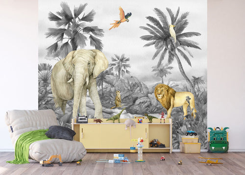 Sanders & Sanders fotobehang jungle dieren grijs - 270 x 300 cm - 601186 - vtwonen shop