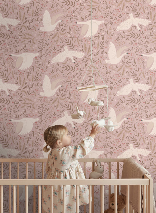 ESTAhome behang zwanen oudroze - 53 cm x 10.05 m - 130958