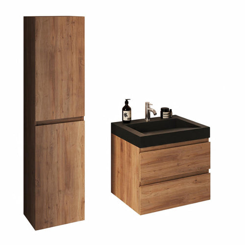 LOMAZOO badmeubelset Azuro - met kolomkast & zwarte wastafel - warm eiken - 60 cm