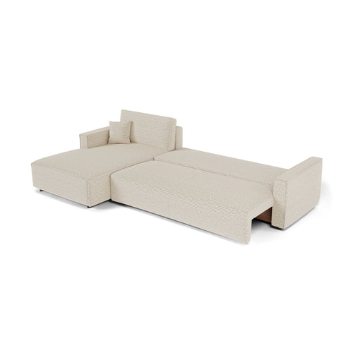Premium Interiors - Linkshoekbank met slaapfunctie en opbergruimte  - stof met tweed-effect crème 197cm