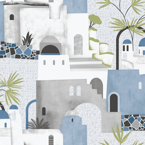 Sanders & Sanders behang mediterrane huisjes blauw, grijs en wit - 53 cm x 10 m - 640081
