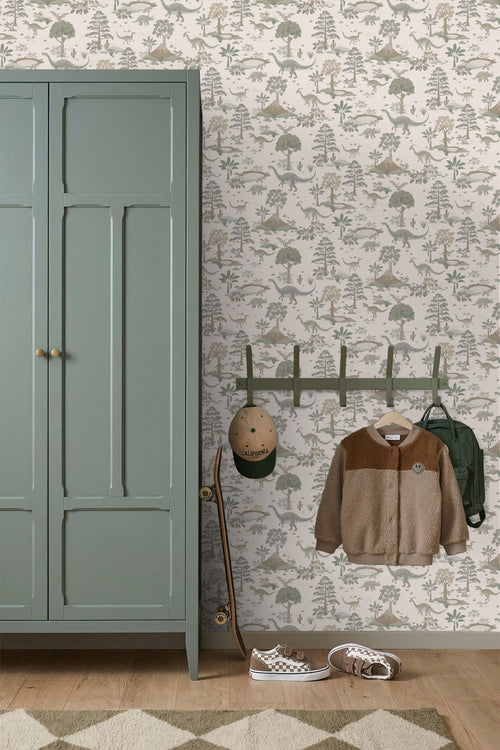 ESTAhome behang dinosaurussen grijs en groen - 50 x 900 cm - 132174