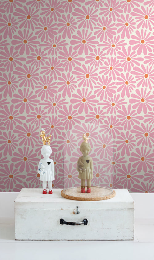 ESTAhome behang madeliefjes roze en oranje - 53 cm x 10.05 m - 131149 - vtwonen shop