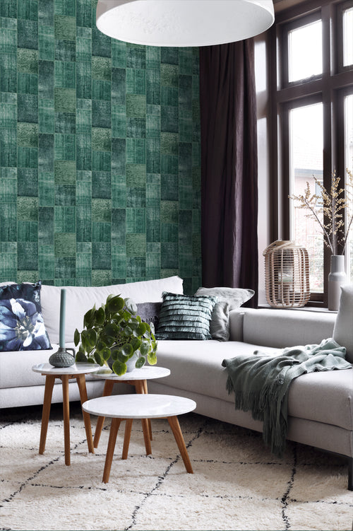 ESTAhome behang Marrakech kelim patchwork tapijt smaragdgroen - 53 cm x 10.05 m - 148652