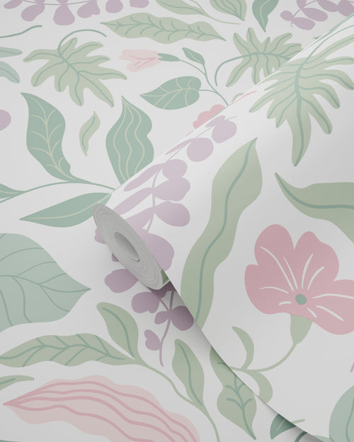 ESTAhome behang bladeren en bloemen paars, roze en groen - 50 x 900 cm - 131049 - vtwonen shop