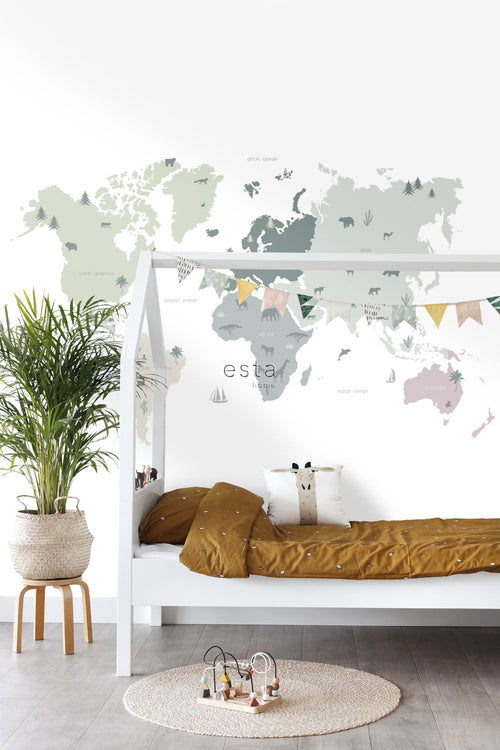 ESTAhome fotobehang wereldkaart voor kinderen mintgroen, grijs en roze - 200 x 279 cm - 158929 - vtwonen shop