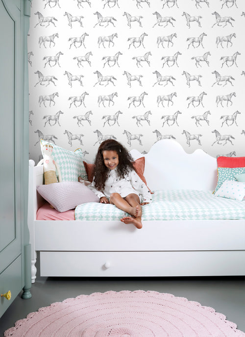 ESTAhome behang getekende paarden zwart op wit - 53 cm x 10.05 m - 128807