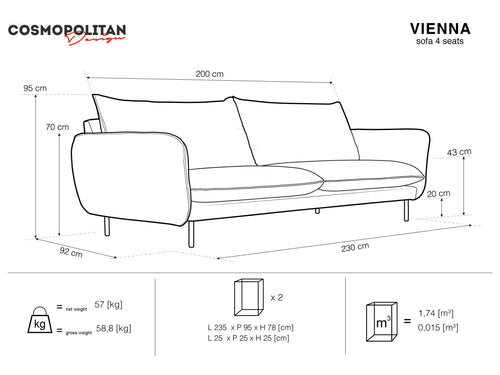 Cosmopolitan Design Bank Vienna 4-zits, flueel, donkerblauw - 92x230x95cm