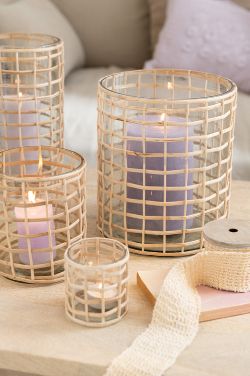 J-Line windlicht Violet Breed - glas/riet - naturel