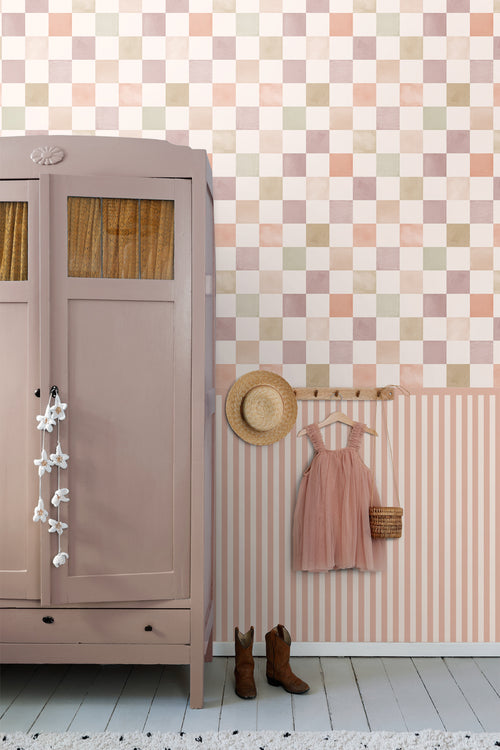 ESTAhome behang geblokt motief beige en paars - 50 x 900 cm - 131720