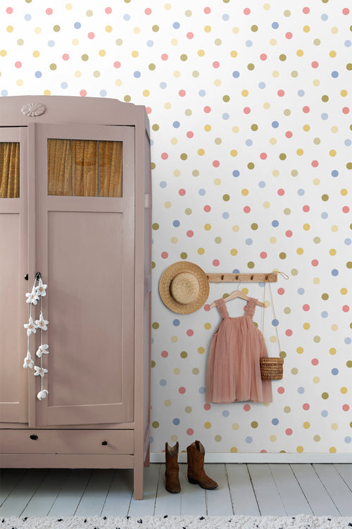 ESTAhome behang stip blauw, roze, groen en geel - 50 x 900 cm - 131620