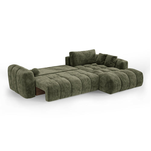 Premium Interiors - Rechthoekige hoekbank met slaapfunctie en opbergruimte SKY - gewaafd fluweel vintage groen 310cm