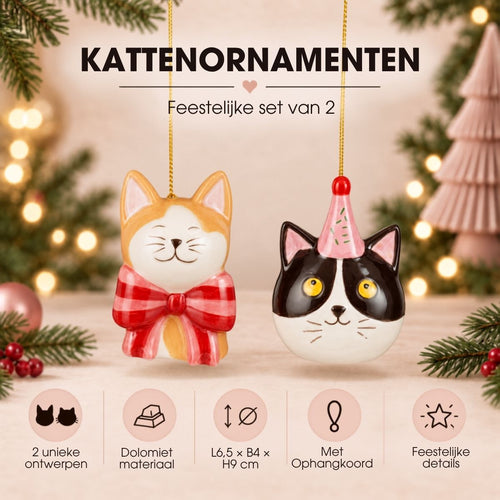 Mica Decorations Ornament Cadeau Set Kat Oranje Zwart 2 Stuks - Kerstornamenten van Dolomiet met Strik en Feestmuts - Kerstboomhangers voor Kerstboom