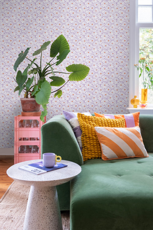 ESTAhome behang madeliefjes lila paars en oranje - 53 cm x 10.05 m - 131153 - vtwonen shop