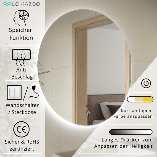 LOMAZOO badkamerspiegel Austin - met LED verlichting & anti condens - rond - 100 cm