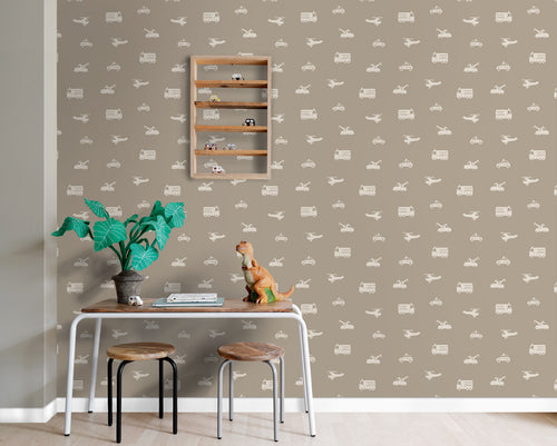 ESTAhome behang auto's, brandweerauto's, helikopters en kranen taupe - 53 cm x 10.05 m - 131399 - vtwonen shop