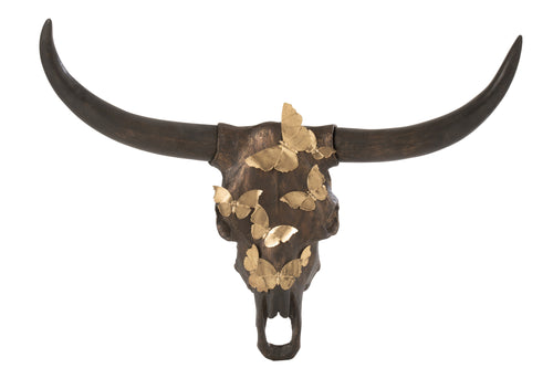 J-Line wanddecoratie Schedel Vlinder - polyresin - bruin/goud - large