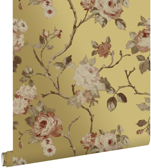 ESTAhome behang vintage bloemen goud en terracotta roze - 0.53 x 10.05 m - 139762 - vtwonen shop