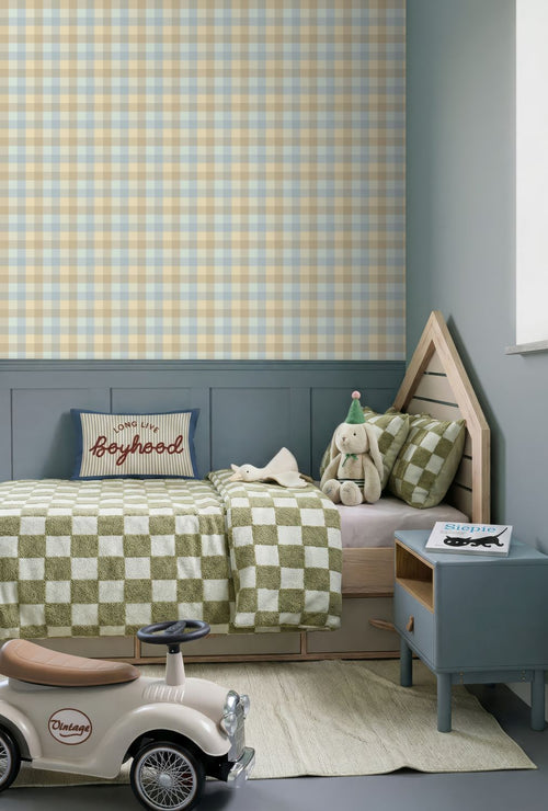 ESTAhome behang ruiten blauw en beige - 50 x 900 cm - 132067
