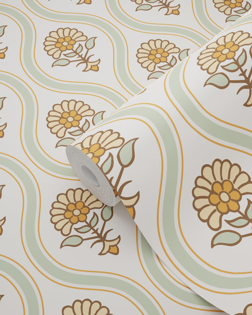 ESTAhome behang vintage bloemen groen, geel en oranje - 50 x 900 cm - 131739
