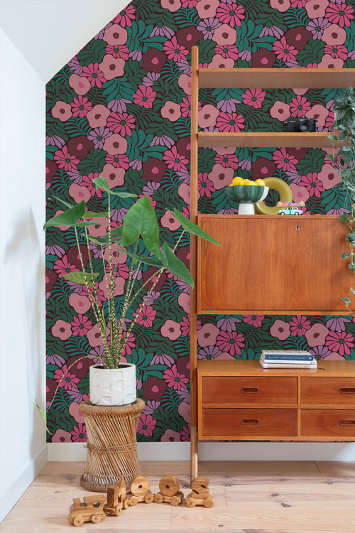 ESTAhome behang bloemen in Matisse stijl groen, roze en paars - 50 x 900 cm - 131137 - vtwonen shop