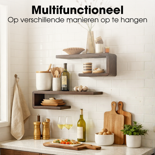 Mica Decorations Josha Wandplank Zwevend - Zwevende Boekenplank Set van 2 - 80 x 21 x 20 cm - Wandplank Hout Gerecycled - Onzichtbaar Ophangsysteem -