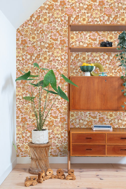 ESTAhome behang retro bloemen oranje en roze - 50 x 900 cm - 131532 - vtwonen shop