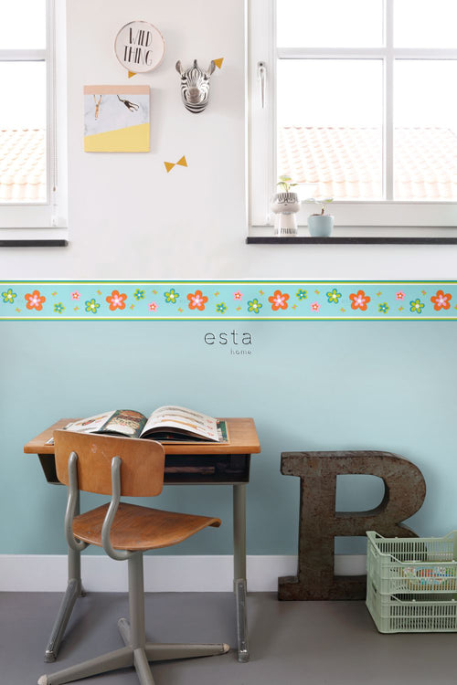 ESTAhome behangrand bloemen turquoise en oranje - 500 x 13.25 cm - 174609