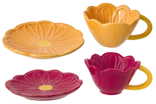 J-Line kopje en schotel Bloem - porselein - donkerrood/warmgeel - set van 2