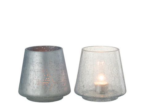 J-Line windlicht Conisch Craquelé - mat/blauw - medium - 2 stuks