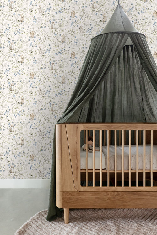 ESTAhome behang toile de jouy konijnen beige, groen, blauw en wit - 53 cm x 10.05 m - 131138