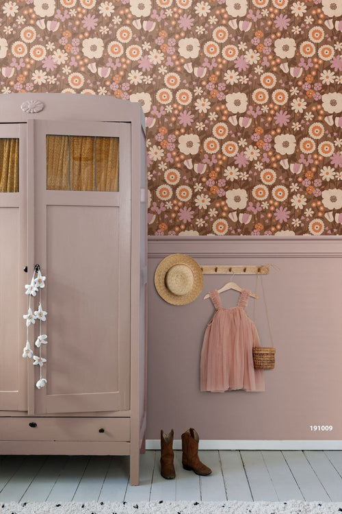 ESTAhome behang retro bloemen bruin, oranje en lila paars - 50 x 900 cm - 132158