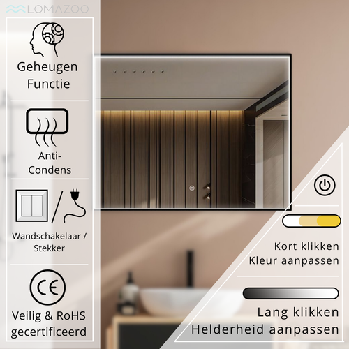 LOMAZOO badkamerspiegel Bordeaux - met LED verlichting & anti condens - rechthoekig - 80 x 60 cm