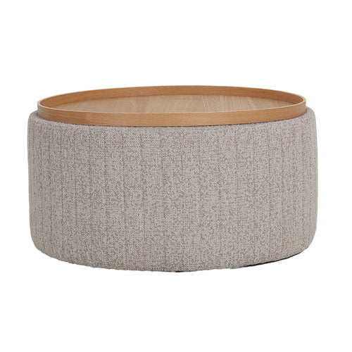 DÉJA Living Salontafel Angela – Rond – Met Opbergruimte – Chenille – Essen Fineer – 81x81x42 cm – Taupe/Naturel