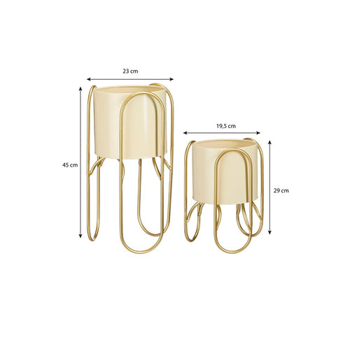 Mica Decorations Donau Bloempot op Standaard - Set van 2 - Metaal - H45 x Ø23 cm - Lichtgeel, Goud