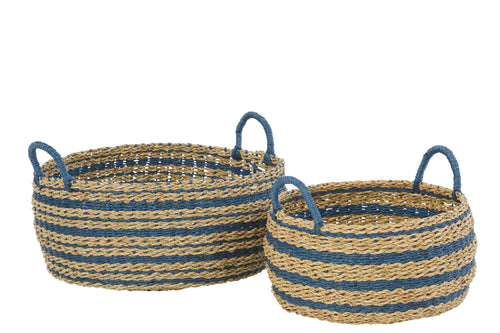 J-Line mand Gestreept - ijzer/papier - blauw/naturel - set van 2