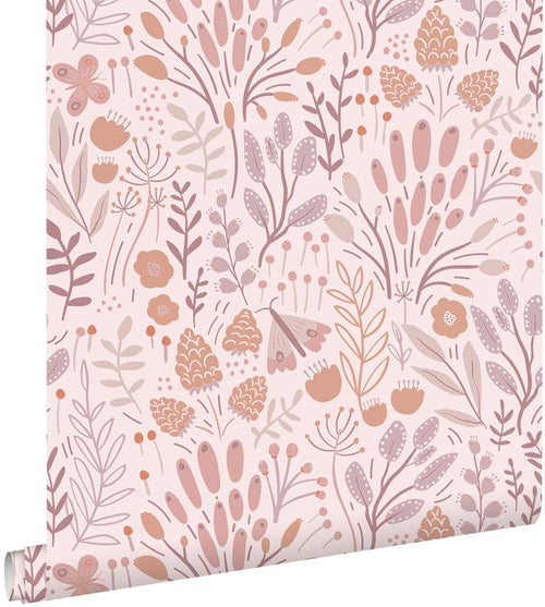 ESTAhome behang bladeren en bloemen lila paars en terracotta - 50 x 900 cm - 131386 - vtwonen shop