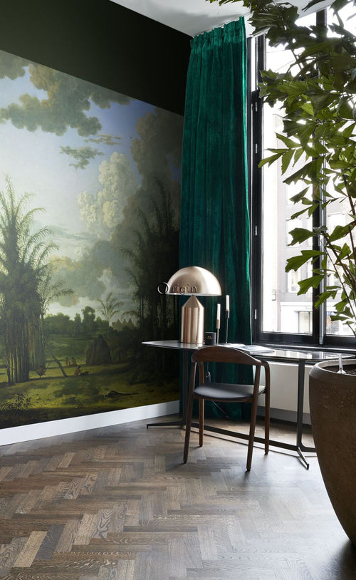 Origin fotobehang tropisch landschap groen, blauw en mosterdgroen - 250 x 300 cm - 357234