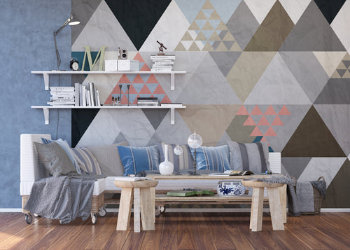 Sanders & Sanders fotobehang grafische driehoeken grijs, beige en bruin - 360 x 270 cm - 600506