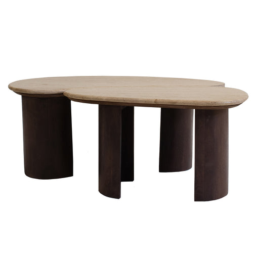 Giga Meubel Salontafel Suki Organisch - Travertin/Hout - Donkerbruin - Set van 2 - vtwonen shop