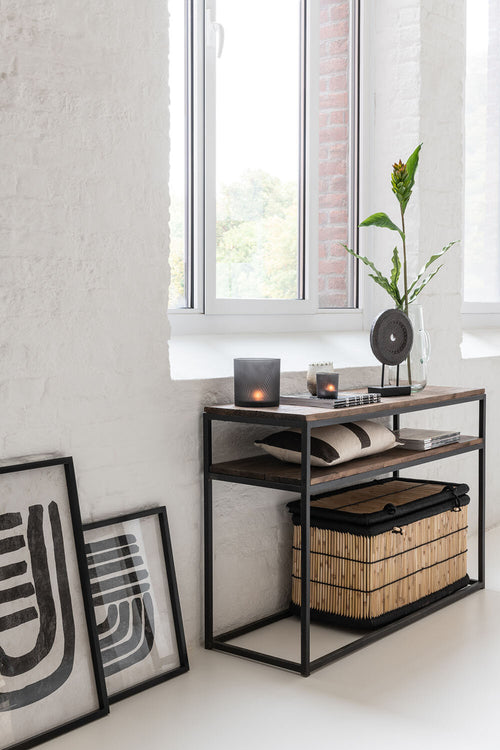 J-Line windlicht Blad - glas - zwart/bruin - 2 stuks