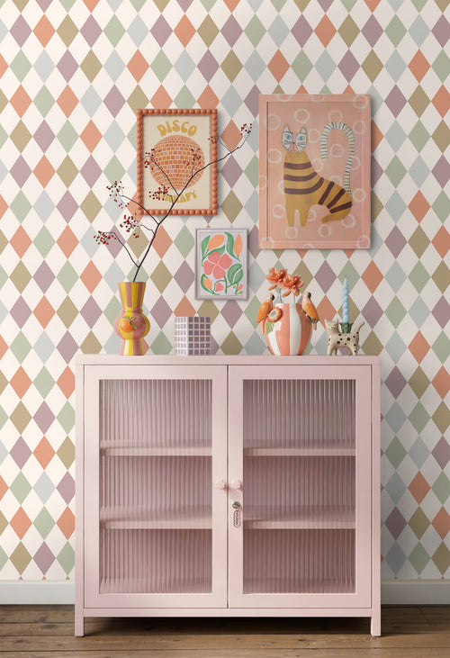 ESTAhome behang ruitjes beige, paars en terracotta - 50 x 900 cm - 131764