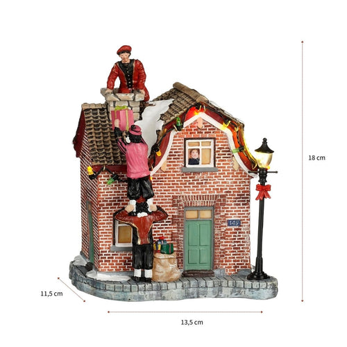 Luville Collectables Pieten Beklimmen Huis - Kerstdecoratie met Bewegende Pieten en Verlichting - Werkt op Batterijen - Polyresin - 13,5 x 11,5 x 18