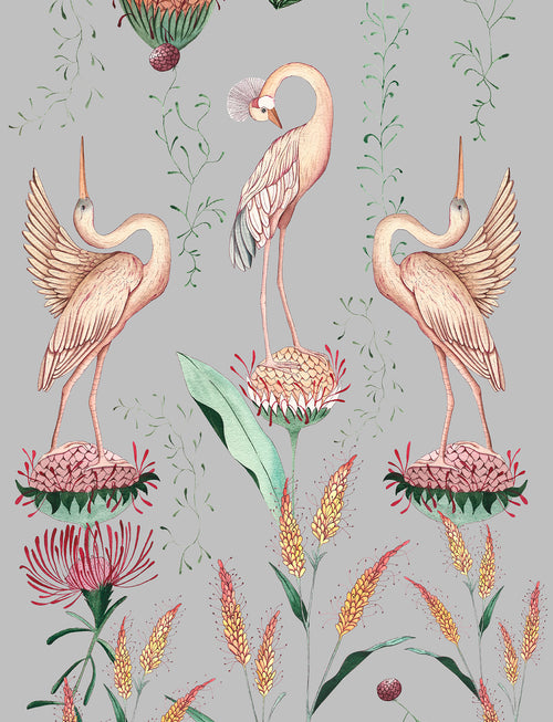 Walls4You behang kraanvogels grijs en roze - 53 cm x 10 m - 640150