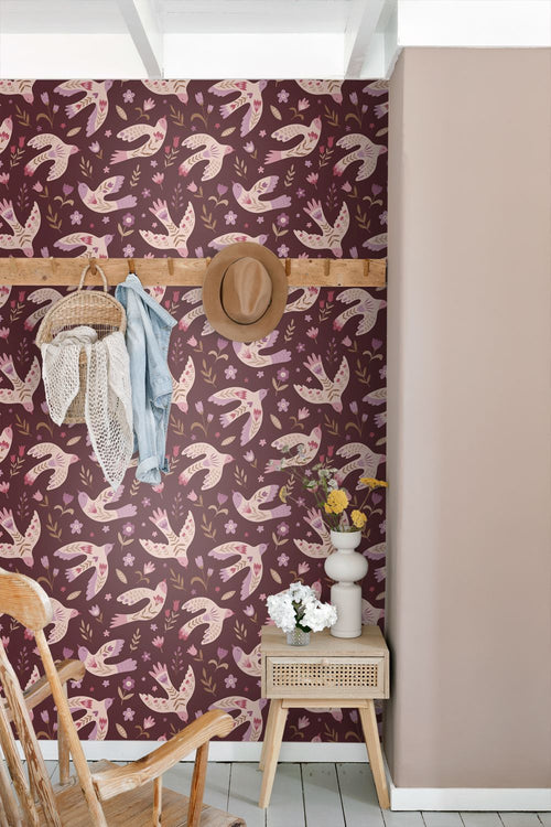 ESTAhome behang bloemen en vogels aubergine paars - 50 x 900 cm - 131759