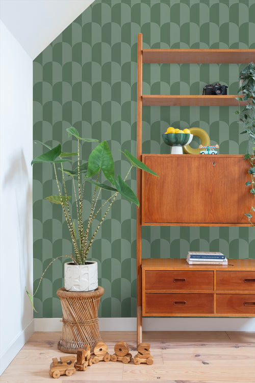 ESTAhome behang art deco bogen vergrijsd groen - 50 x 900 cm - 139989 - vtwonen shop