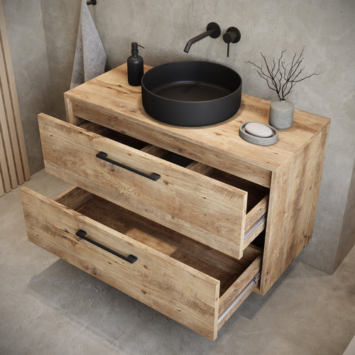 Badplaats Wastafelkast Florence 80 x 46 cm – Kastanje Eiken – Hangend Badmeubel met 2 Lades en Zwarte Handgrepen