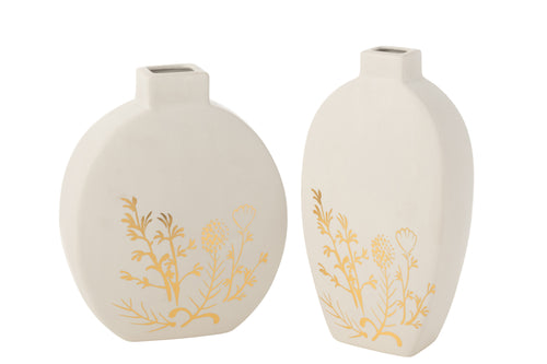 J-Line vaas Bloem Tekening - porselein - goud/wit - large - 2 stuks - 15x 28 cm