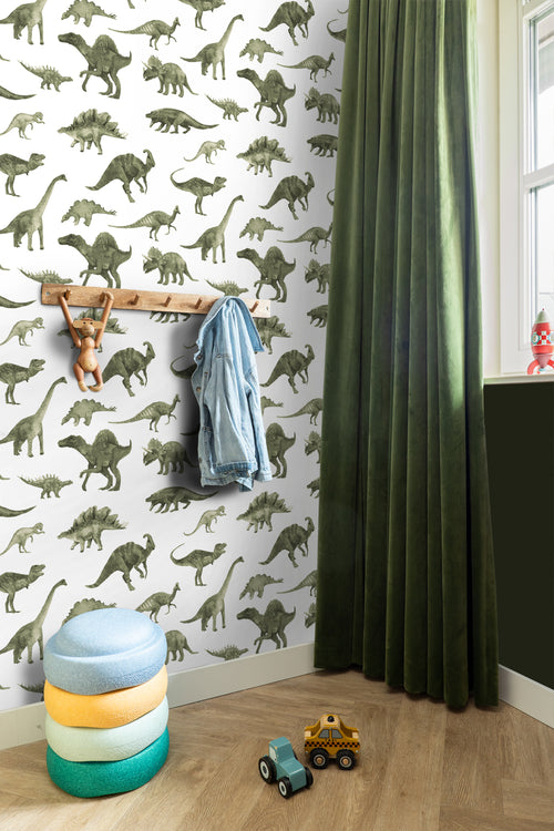 ESTAhome behang dinosaurussen donkergroen - 50 x 900 cm - 131200